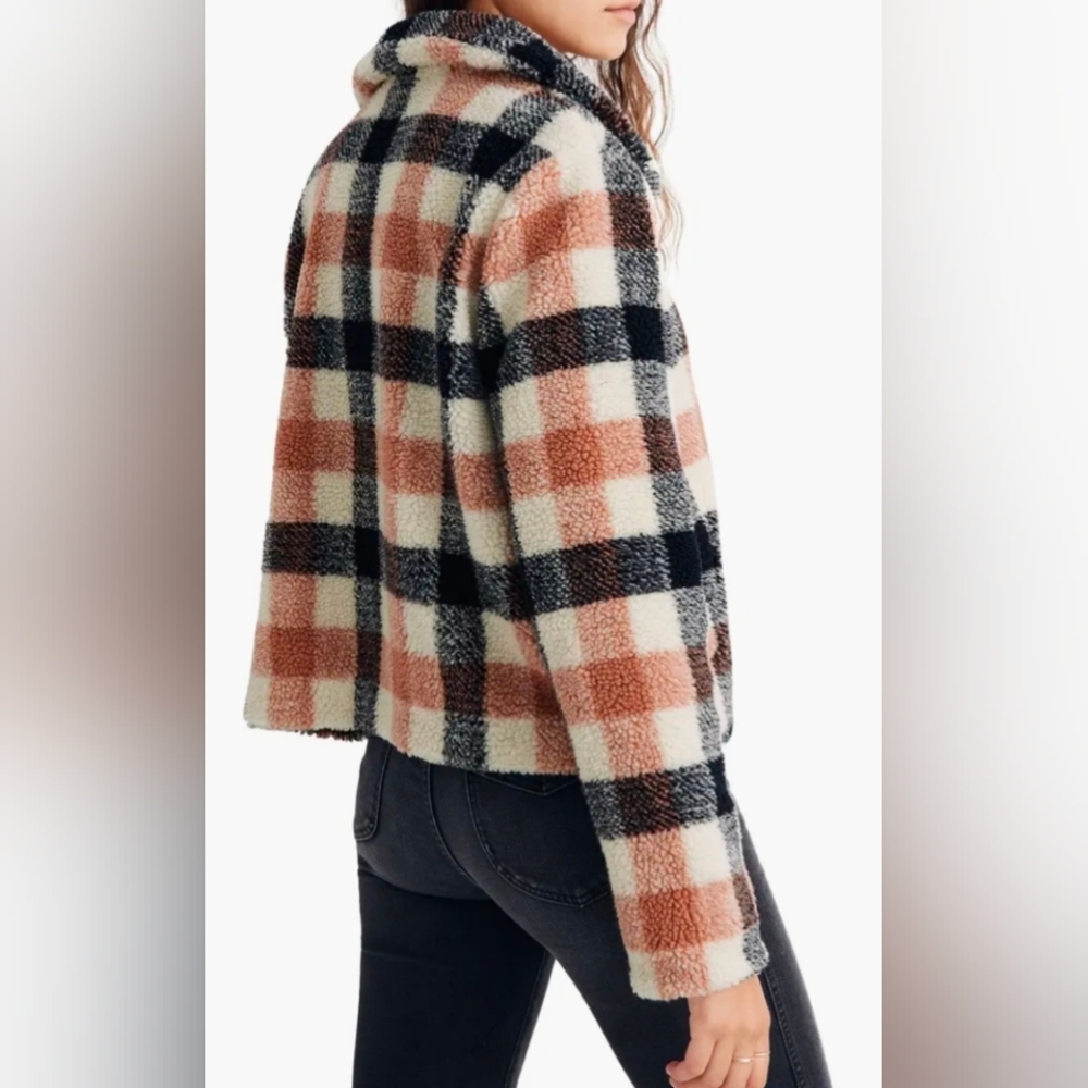 Madewell Hazlewood Faux Fur Plaid Sherpa Jacket In Black/Coral/Ivory - M - Picture 3 of 13
